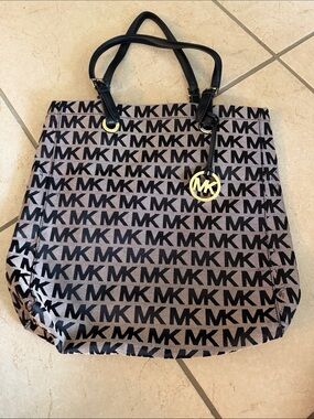 Michael Kors Black Logo Canvas Tote with Gold Charm